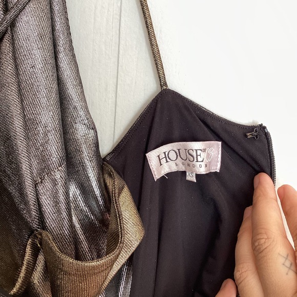 House of CB Davina Silver Gold Drape Halter Mini Dress XS - Picture 9 of 10